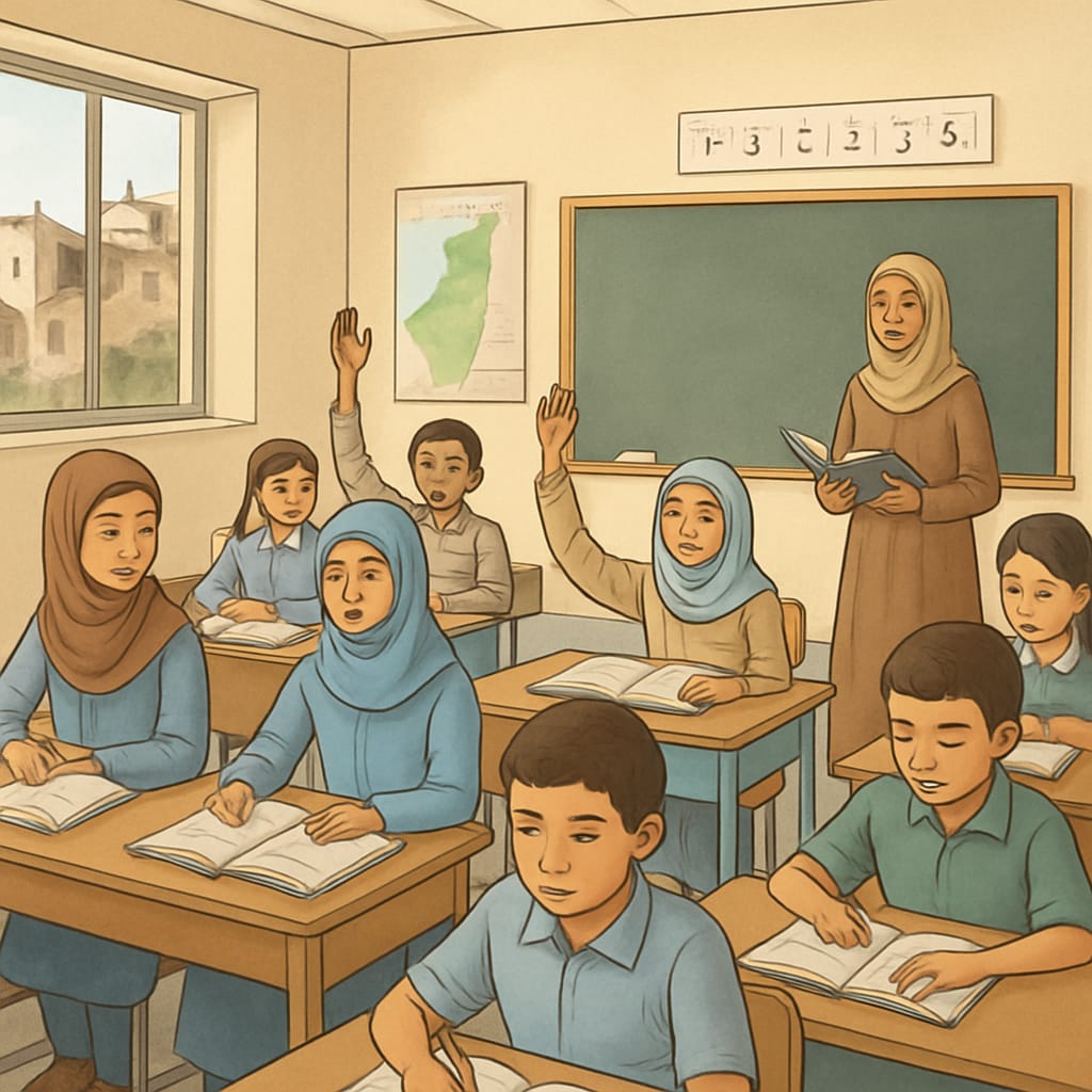 A classroom in Gaza with students engaged in learning activities, reflecting resilience and hope. Gaza students in a classroom engaged in learning activities.