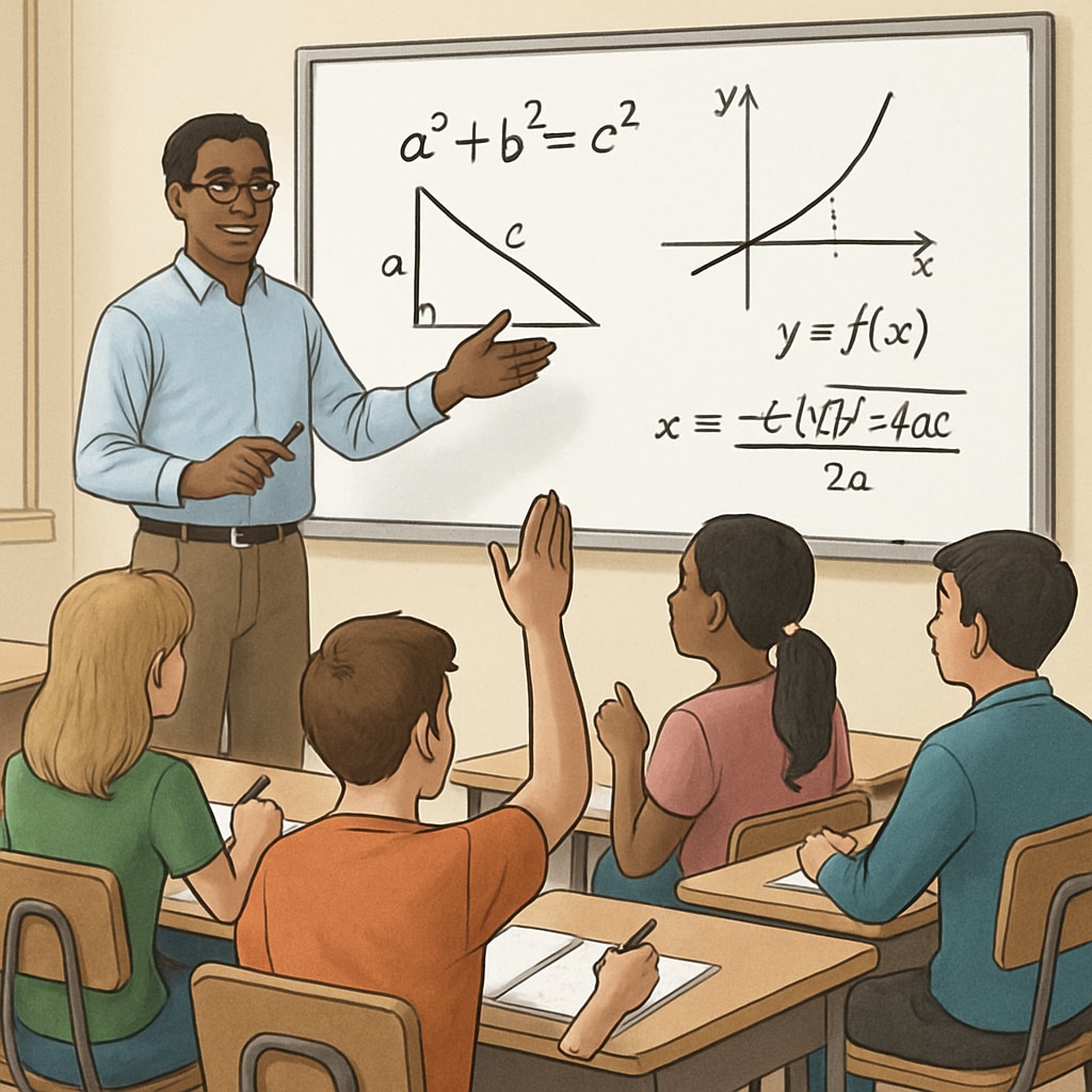 A classroom setting where a teacher explains mathematical concepts to a group of attentive students. A teacher providing guidance on mathematics topics like linear algebra and calculus.