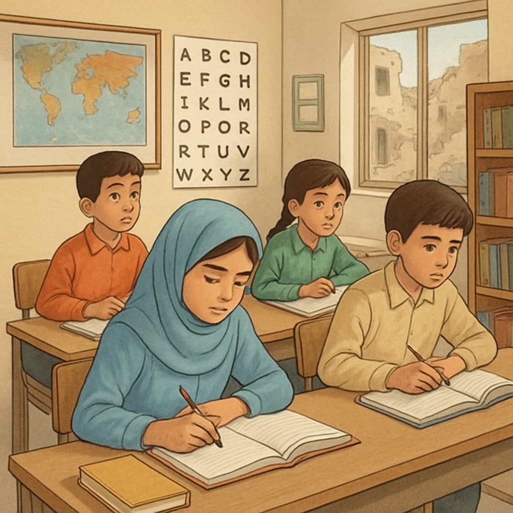 Children in a rebuilt classroom in Gaza, representing hope and education recovery.