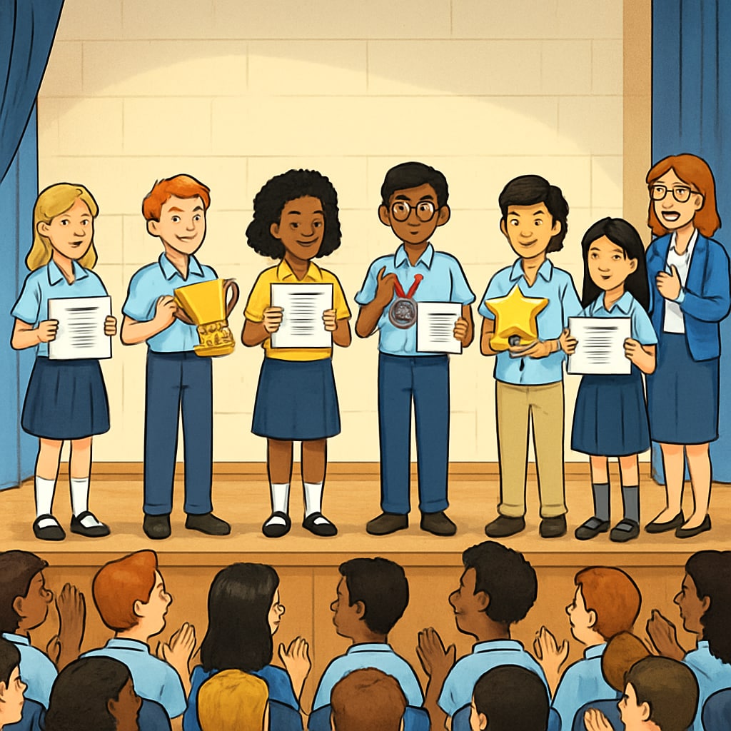 School assembly highlighting achievements without showcasing economic disparities.