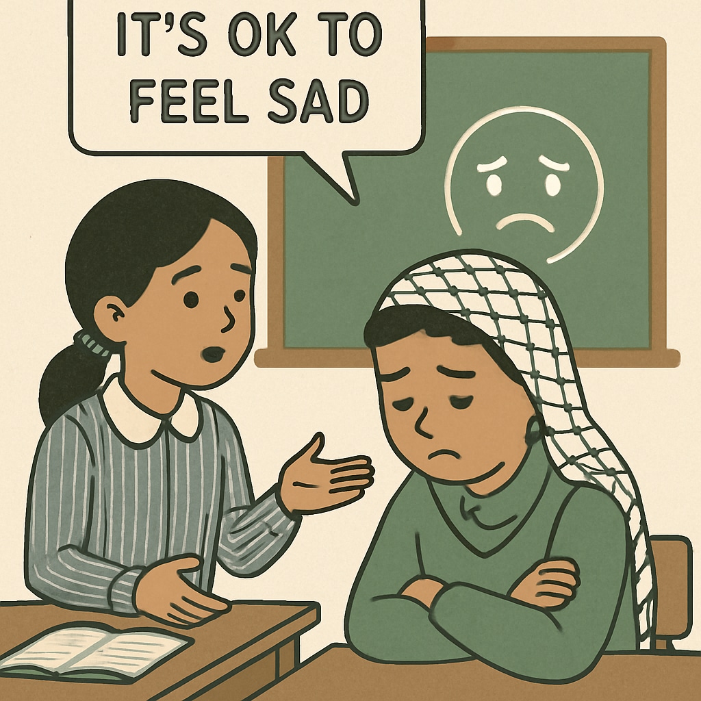 Educational materials designed for Gaza schools, showcasing culturally relevant content and trauma-informed approaches. Culturally relevant educational materials for Gaza schools.