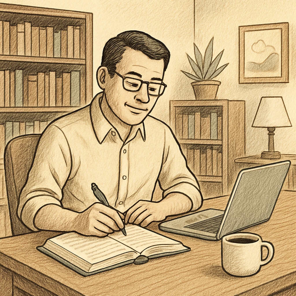 Adult learner using books and a laptop for self-study.