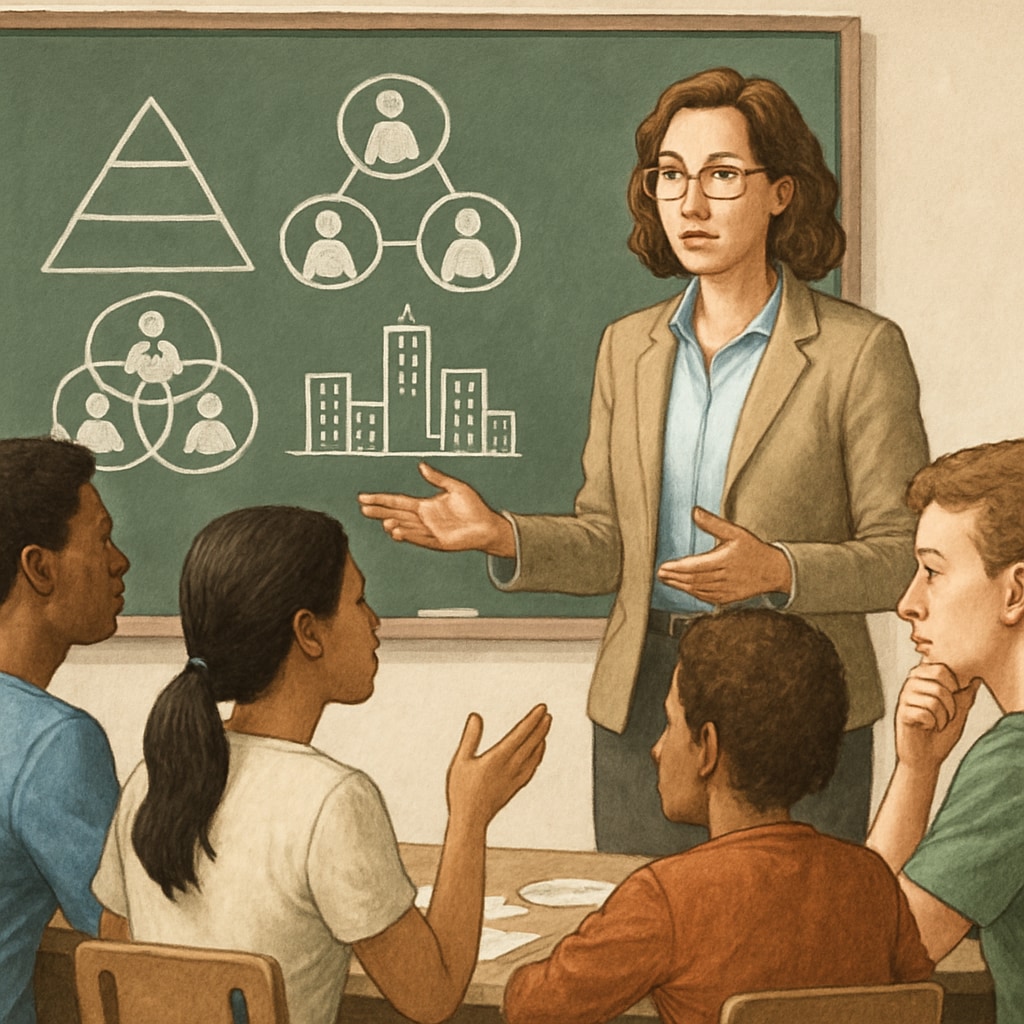 A teacher explaining social mobility concepts to students in a classroom.