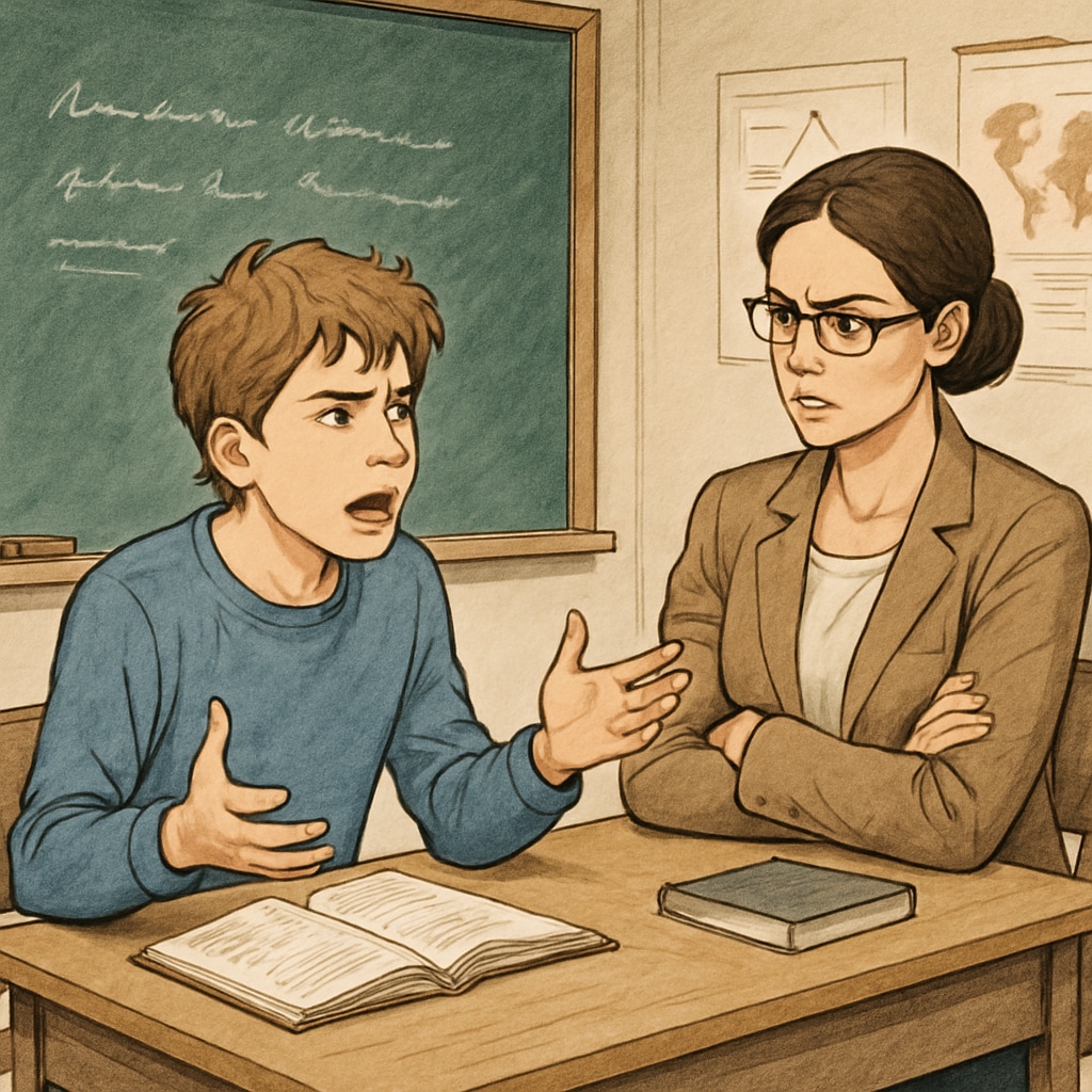 Student disputing false AI plagiarism accusations with a teacher.