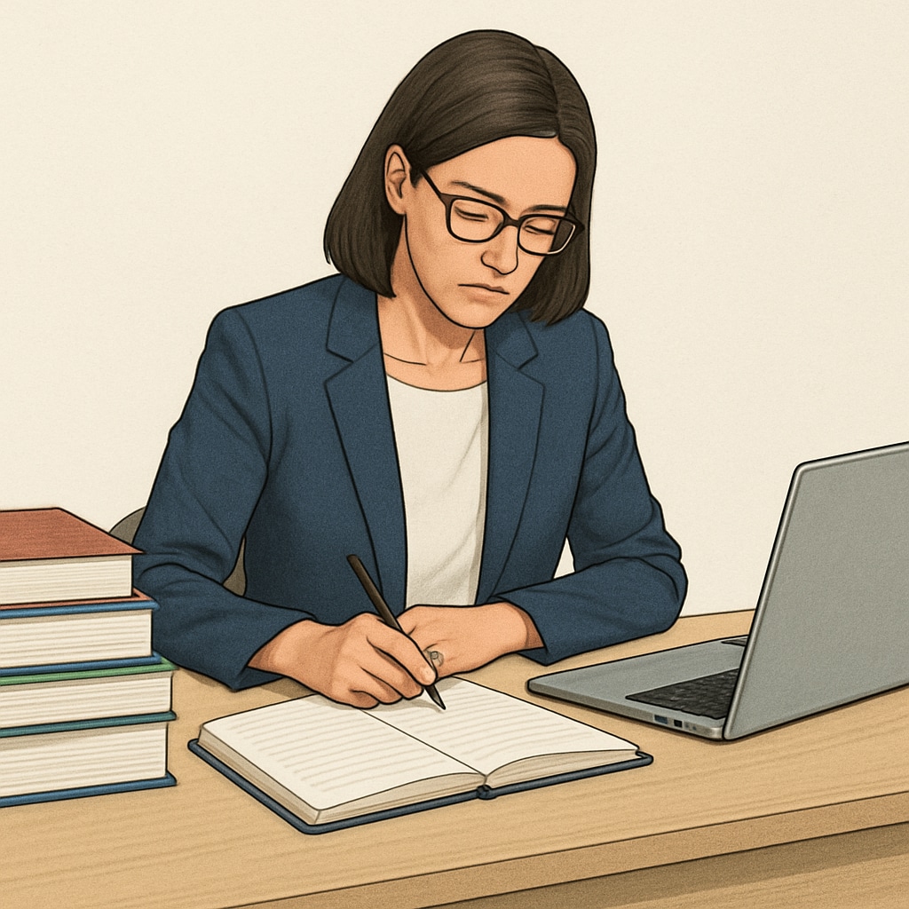 A visual representation of a teacher preparing for an exam, with study materials such as books and a laptop on a desk. Teacher studying for OAE exam with resources like books and a laptop.