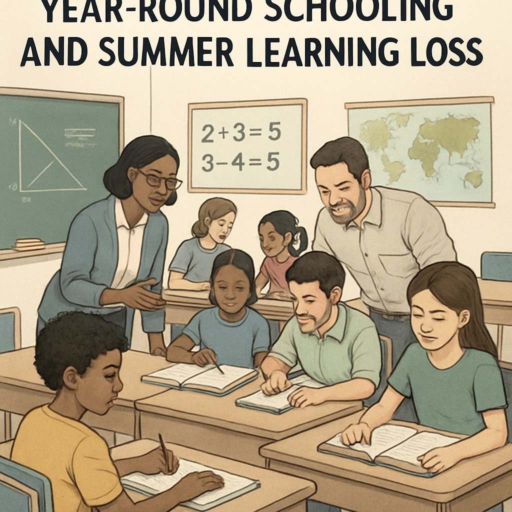 A classroom with students and teachers engaged in active learning, illustrating the concept of year-round schooling to prevent summer learning loss. Students and teachers in a year-round school setting to prevent summer learning loss.