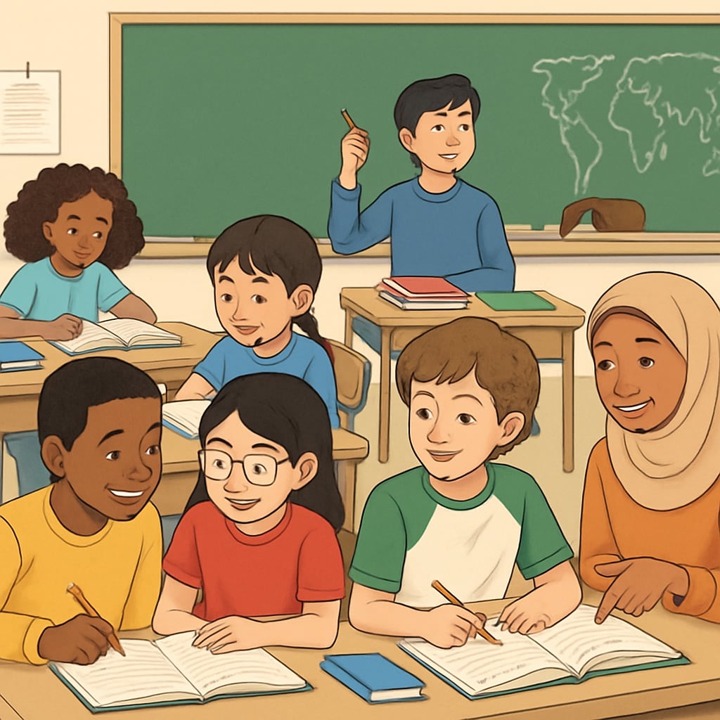 A classroom of diverse students engaging in active learning, representing year-round education. Students learning in a classroom under a year-round teaching model.