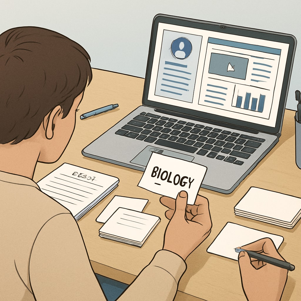 A close-up of a student using flashcards and online resources to study for an exam. Student using flashcards and online tools for OAE exam preparation.