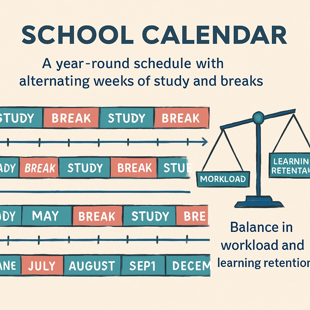 A school calendar diagram showing a year-round schedule with alternating weeks of study and breaks, emphasizing the balance in workload and learning retention. Year-round school calendar displaying alternating weeks of study and breaks.