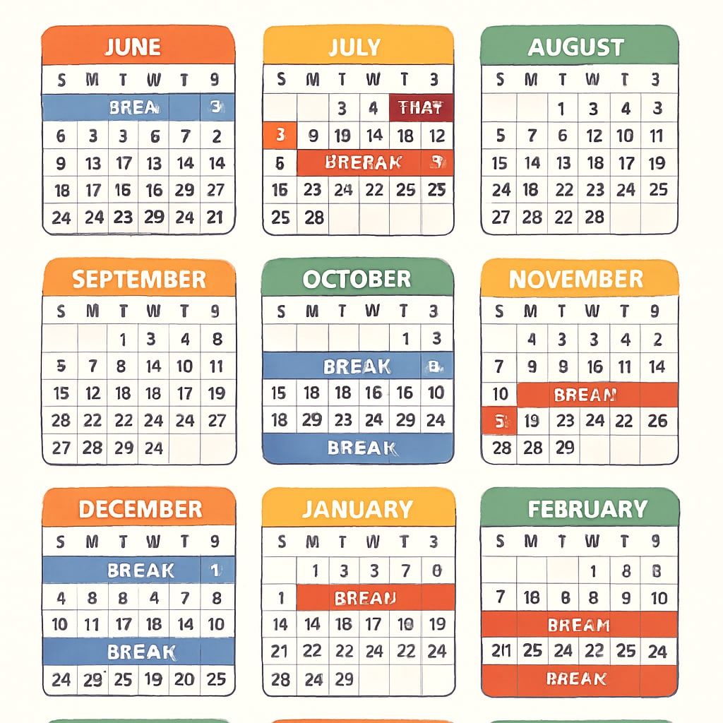 A school calendar highlighting evenly distributed breaks throughout the year, showcasing the year-round teaching model. A balanced school calendar for year-round teaching.