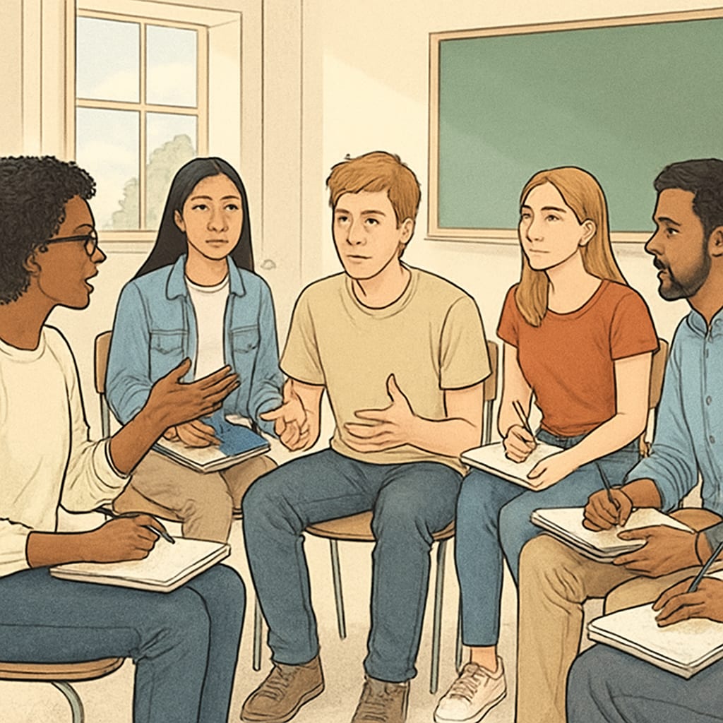 A group of diverse students sitting in a circle, actively discussing philosophical or psychological topics in a casual learning environment. Students discussing psychology and philosophy in a group activity.