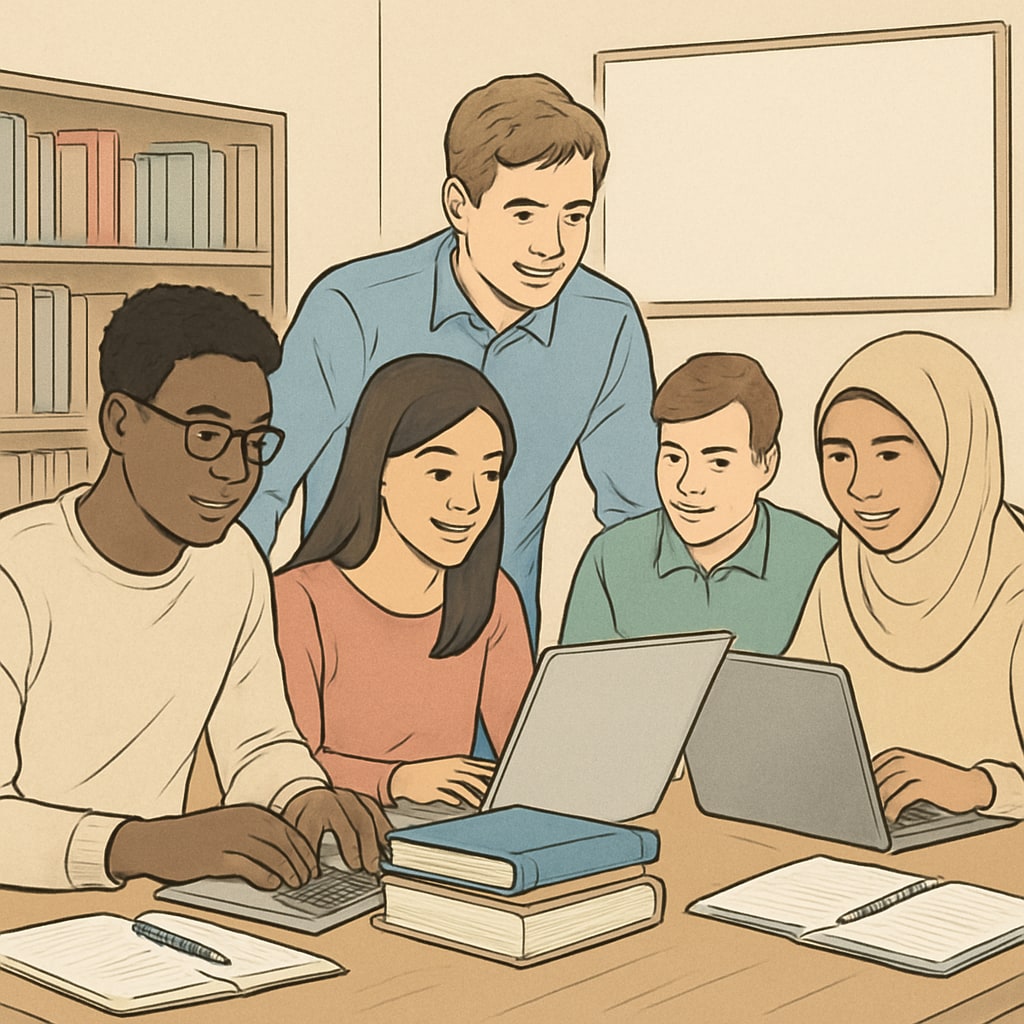 Students in a learning community discussing academic topics in a study group.