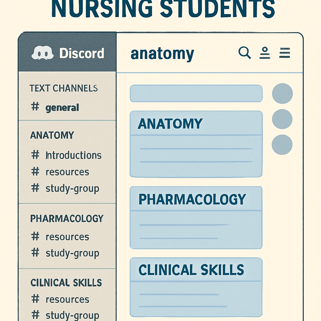 Organized Discord server for nursing students with channels for anatomy and clinical skills.