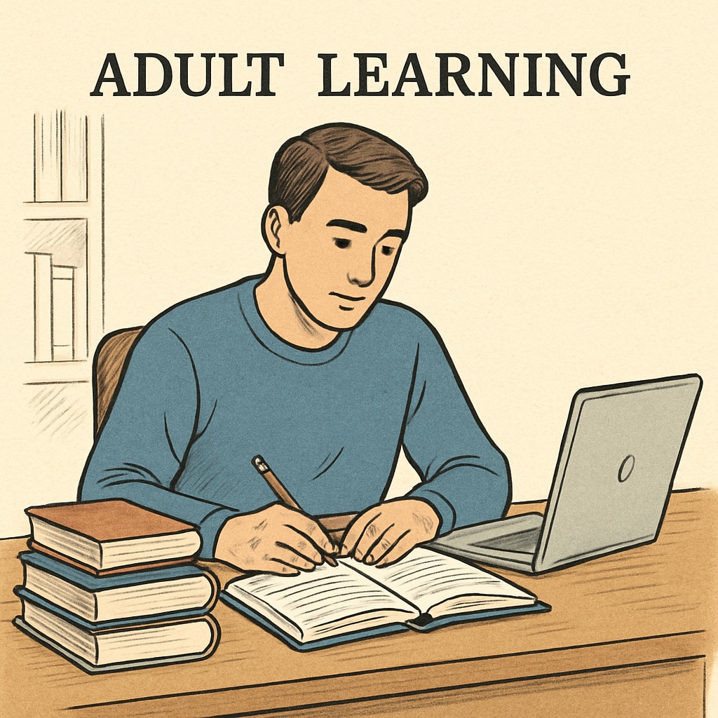 Adult learner at a desk with books and a laptop, focusing on overcoming early education deficits.