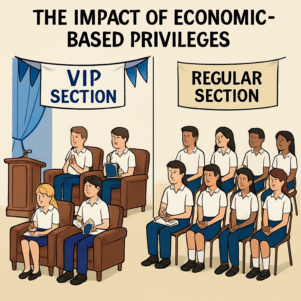 A school event with students divided into VIP and regular sections, illustrating the impact of economic-based privileges. School fundraising activity showing VIP and regular sections, highlighting economic discrimination.