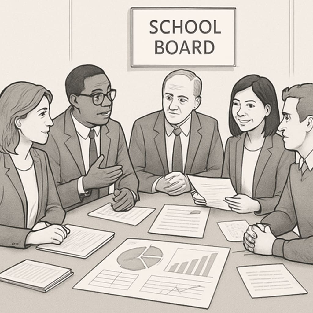 A group of school board members discussing educational strategies in a meeting room, symbolizing collaboration and strategic planning. School board members discussing strategies for effective education reform.