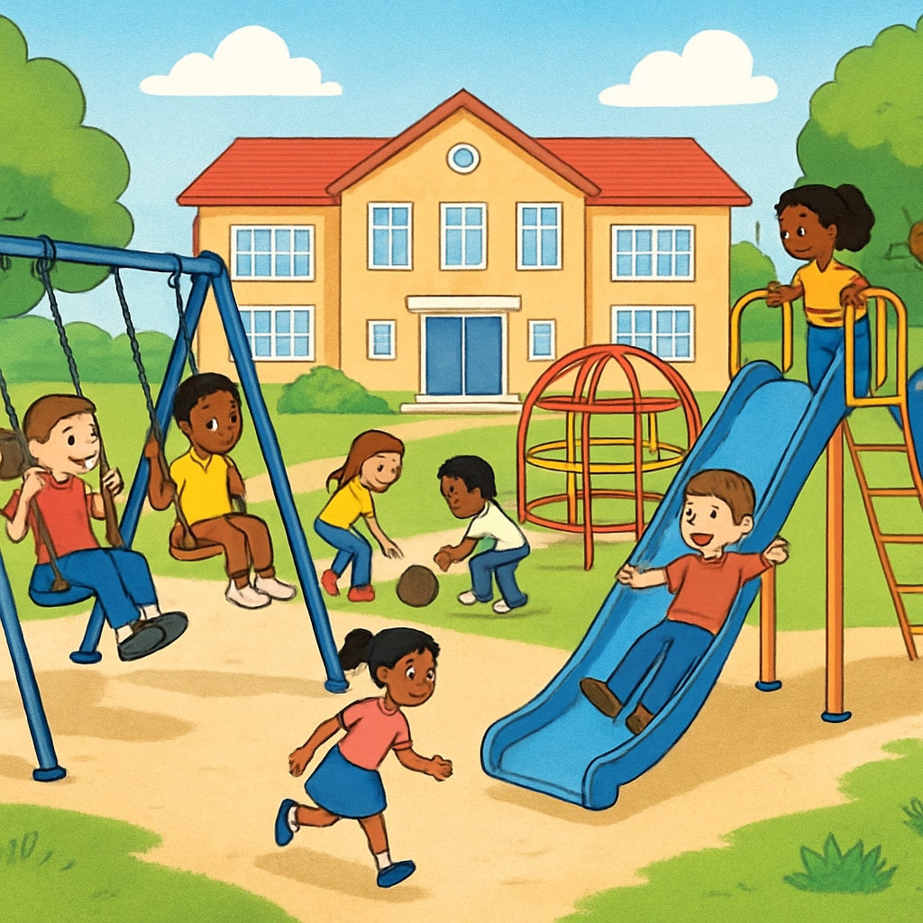 A playground with children playing, emphasizing the importance of play facilities in schools. Children playing on a school playground, illustrating the role of recreational spaces in education.
