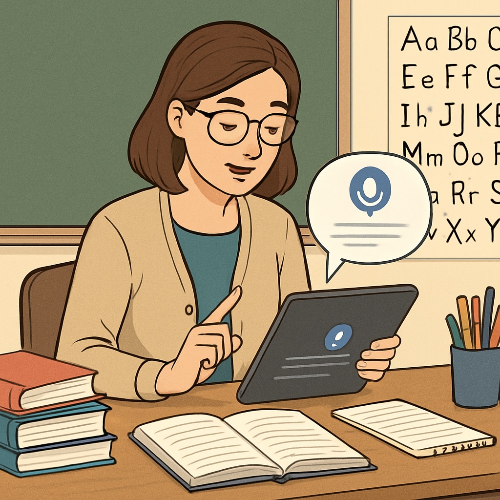 A teacher using a speech-to-text app on a tablet to prepare lesson plans. A teacher leveraging speech recognition technology to streamline lesson planning.