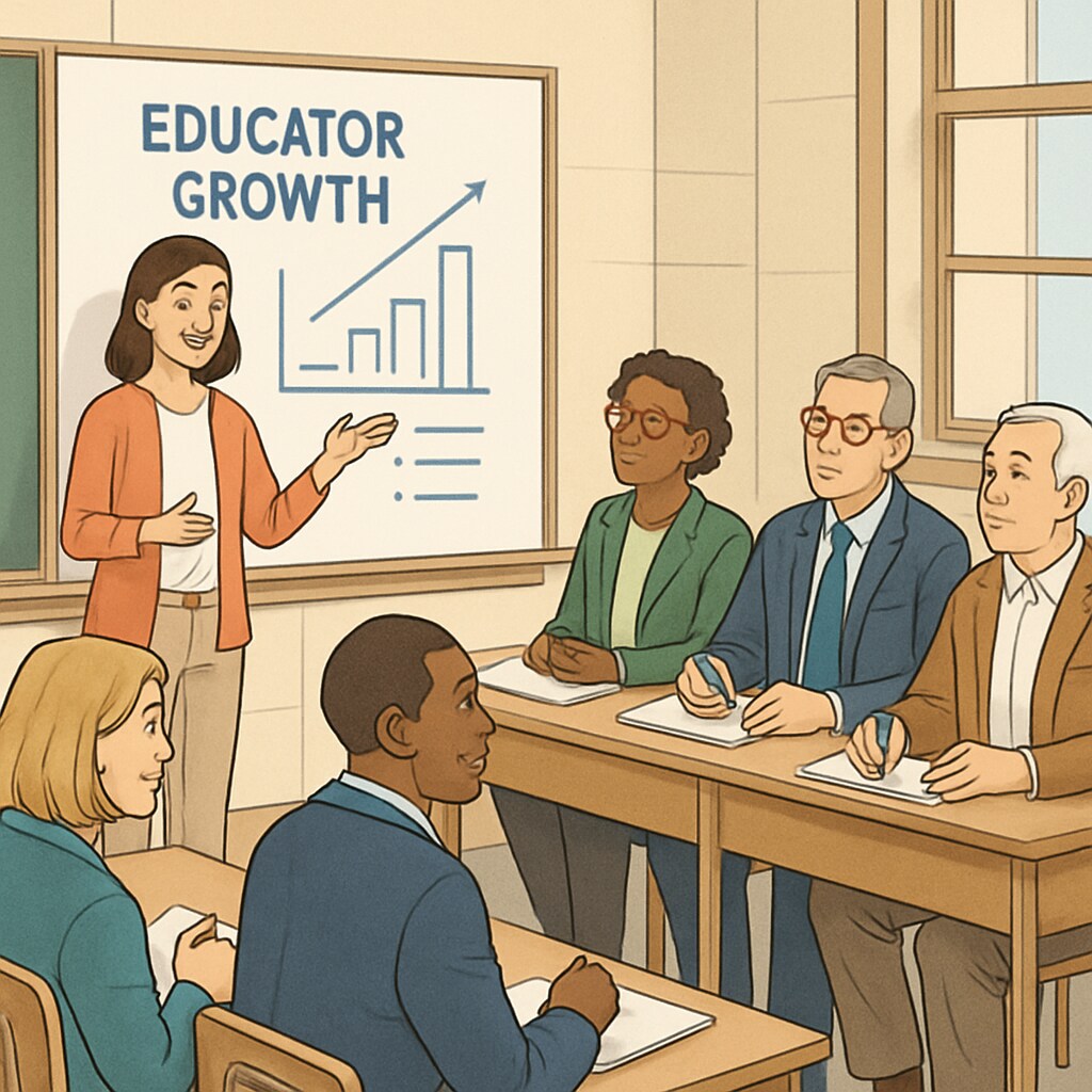 A teacher conducting a professional development workshop with school board members observing, representing their commitment to educator growth. Teacher leading a workshop observed by school board members for professional development.