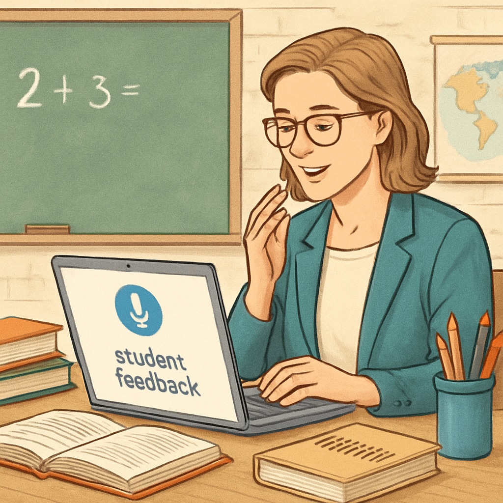 A teacher using a speech-to-text application on a laptop to dictate student feedback. Teacher dictating student feedback using speech-to-text technology.