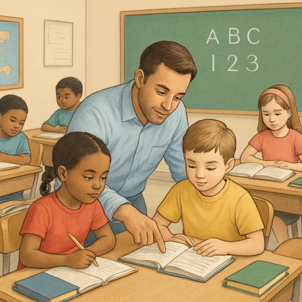A parent helping out in an elementary classroom, highlighting the role of parental involvement in student development. A parent assisting in a classroom activity with elementary students, showcasing the importance of family engagement in schools.
