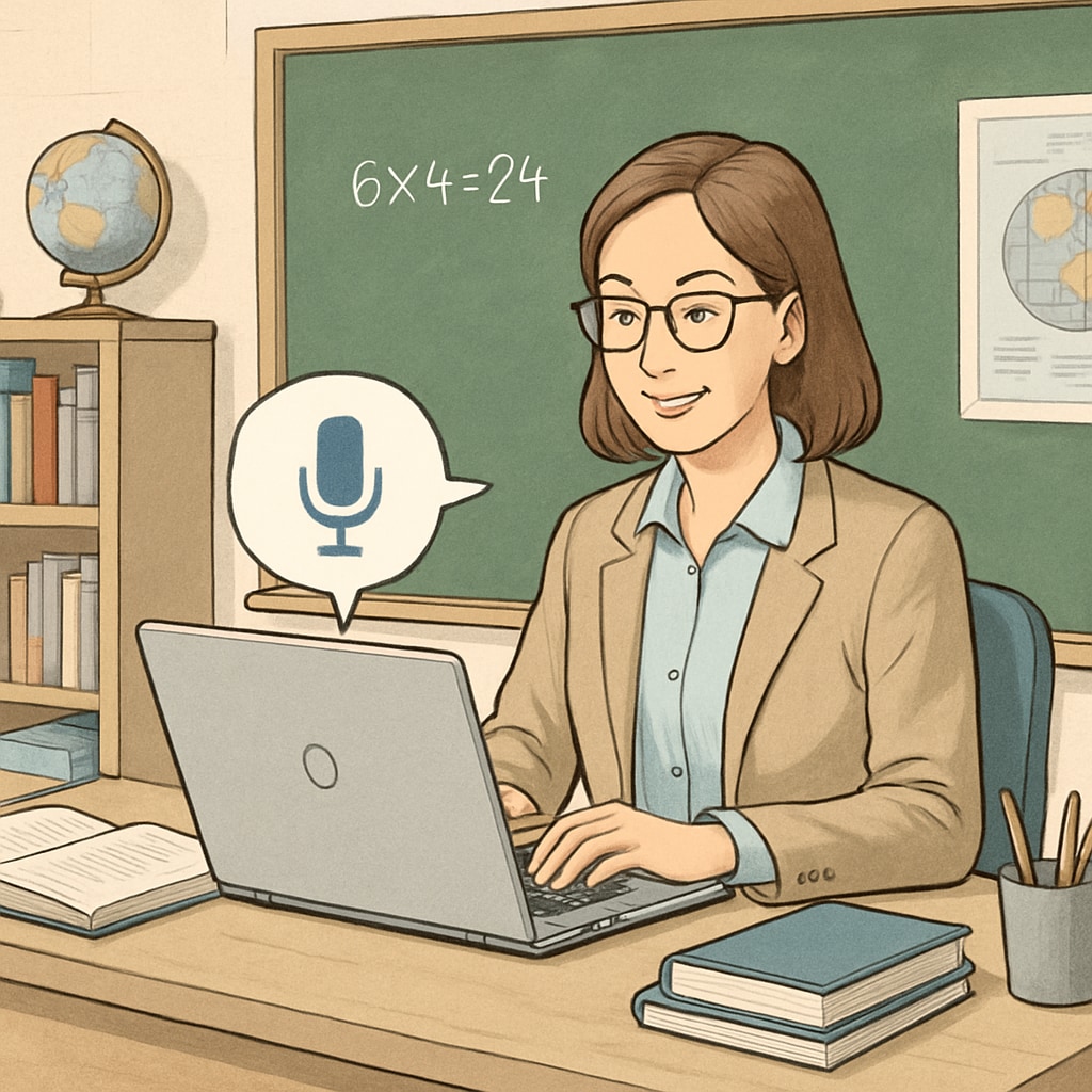 A classroom setting where a teacher uses speech recognition software to manage administrative tasks on a laptop. Speech recognition technology helping teachers manage administrative workloads in a classroom.