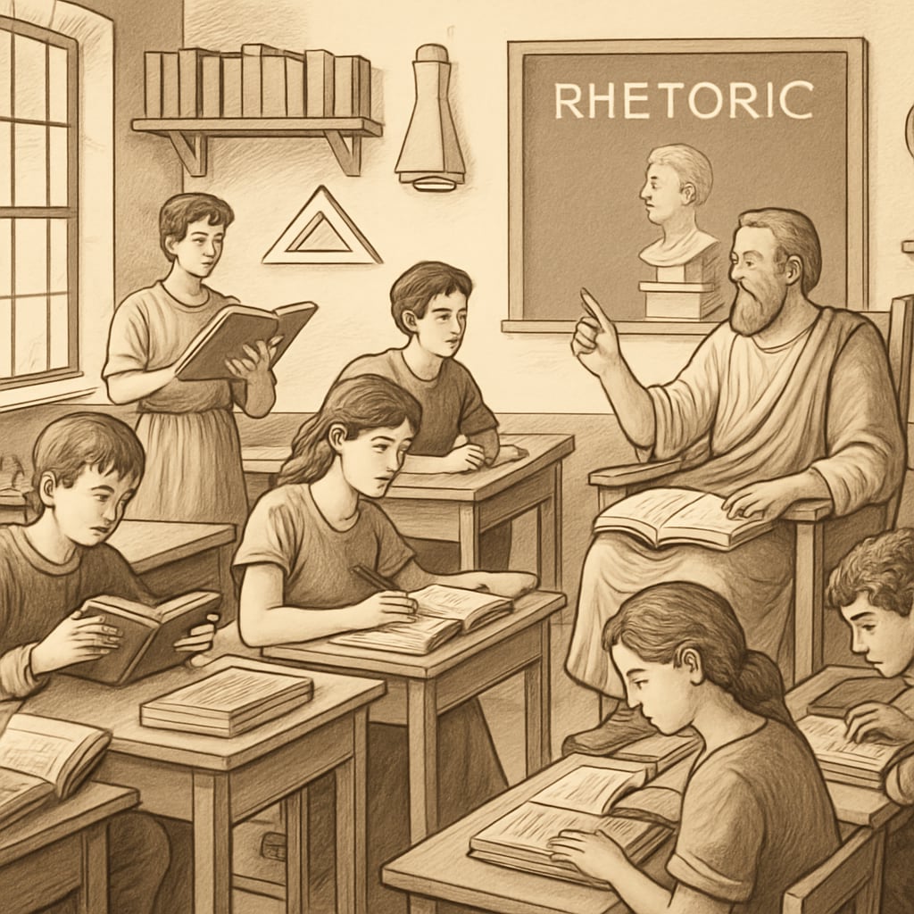 A depiction of a Renaissance-era classroom emphasizing classical education principles, with students studying texts and engaging in rhetoric. A Renaissance classroom illustrating classical education principles.