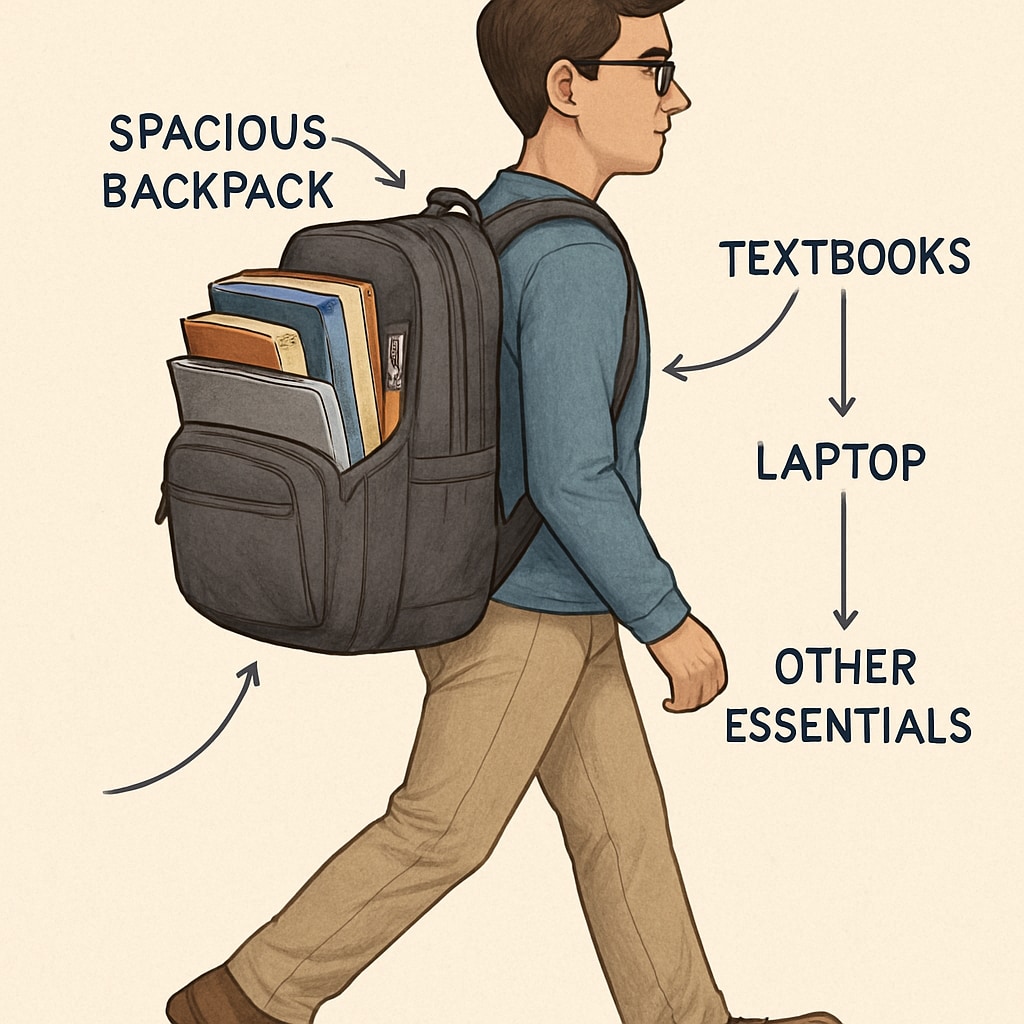 A university student with a spacious backpack carrying textbooks, a laptop, and other essentials. The image highlights the size and capacity of the bag in a real-world context. University student carrying a practical college backpack with ample capacity