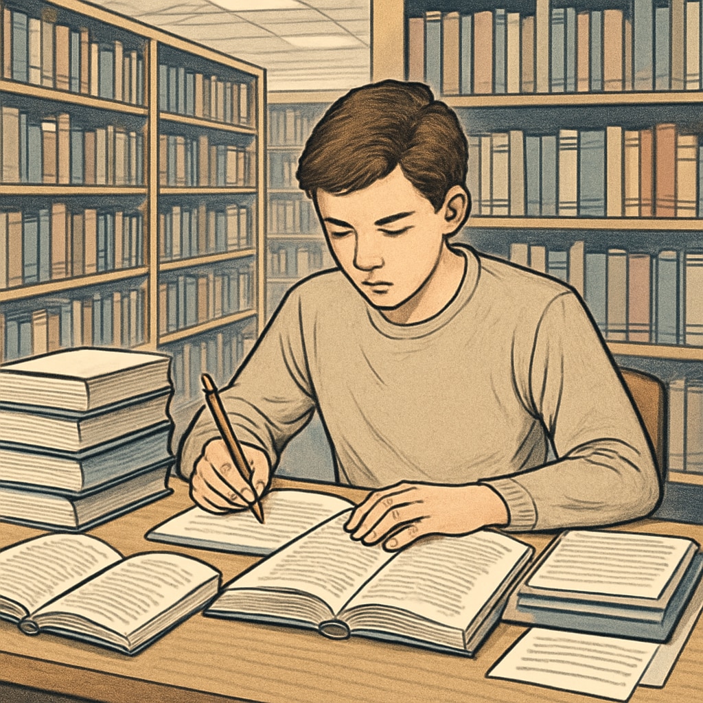 A student sitting in a quiet library, surrounded by books and study materials, preparing for an exam. OAE exam preparation in a library setting