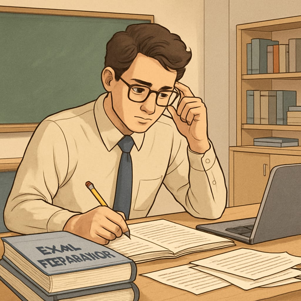 A young teacher studying with exam preparation materials, representing OAE exam preparation. Teacher studying materials to prepare for the OAE exam and manage anxiety.