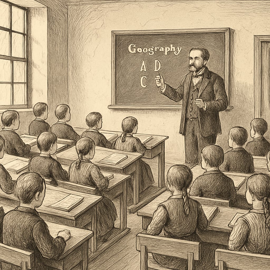 A 19th-century public school classroom, illustrating the rise of mass education and the shift away from classical education. A 19th-century classroom highlighting the transition to mass education.
