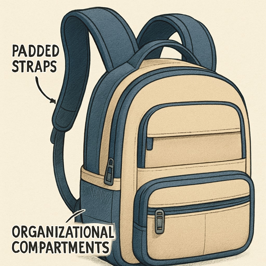 A close-up of a backpack’s padded straps and organizational compartments. This image showcases the ergonomic and functional design features of a university backpack. Ergonomic and organized university backpack design features