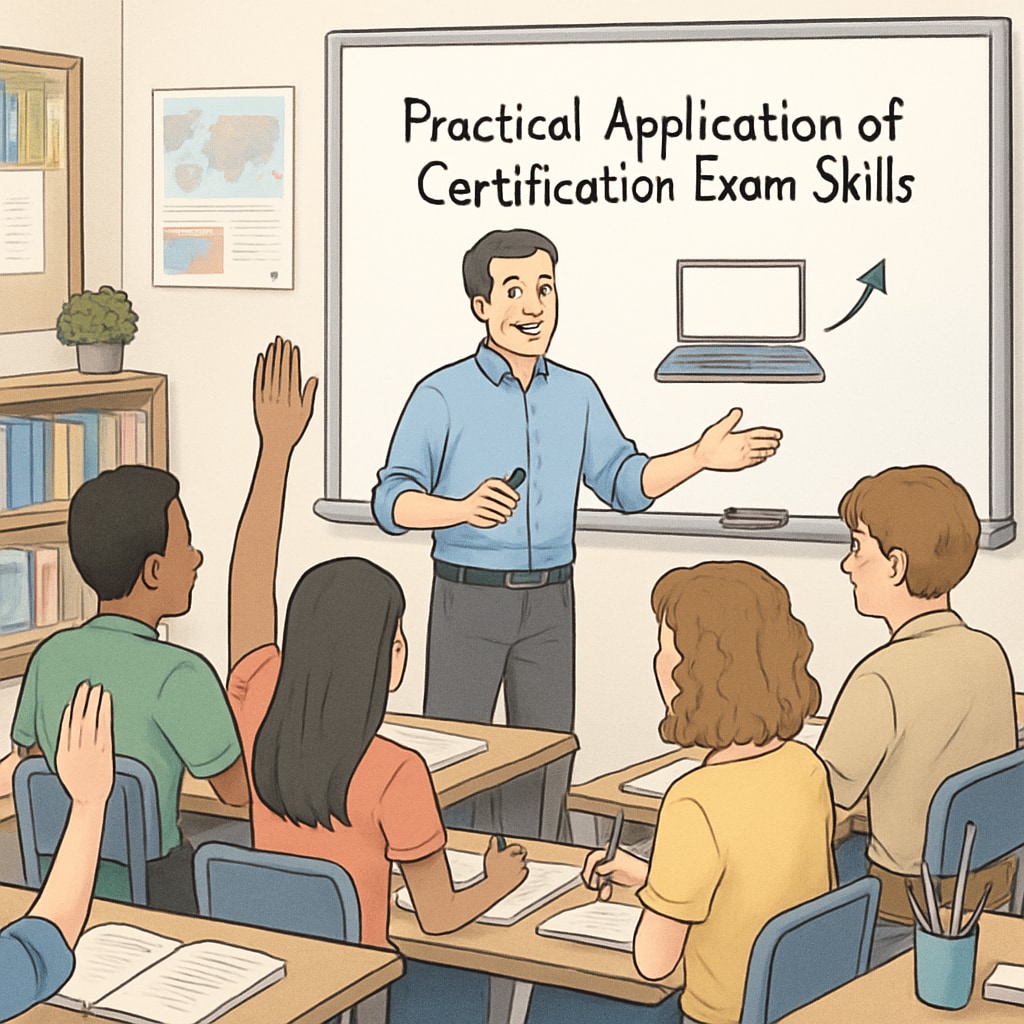 A teacher leading a classroom discussion to illustrate the practical application of skills learned through certification exams. Practical application of teaching skills post-OAE certification