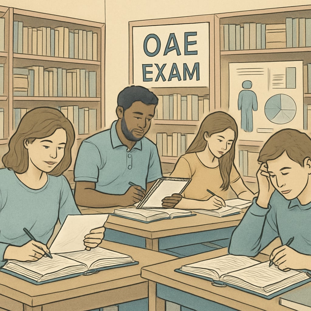 Students sitting in a library, reviewing notes and preparing for the OAE exam. Group of students discussing strategies for succeeding on the OAE exam.