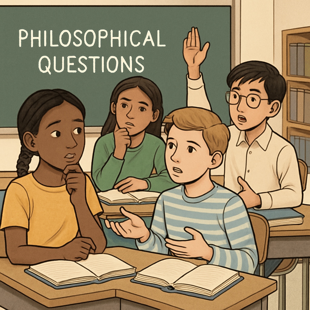 A group of young students engaging in a discussion about philosophical questions, seated in a classroom setting. Students discussing philosophical topics in a classroom setting.