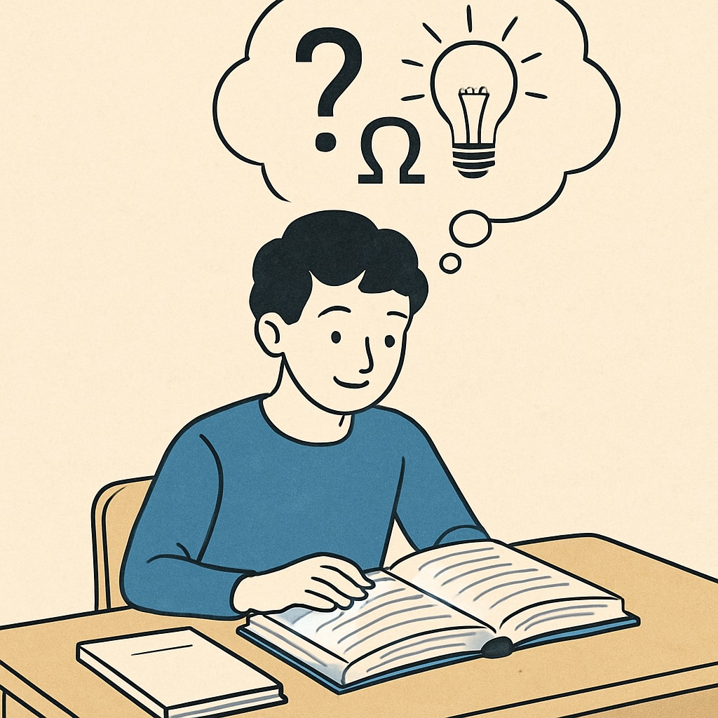 A colorful illustration of a young student reading a psychology book with a thought bubble showing philosophical symbols like a question mark and a light bulb. Young student exploring psychology and philosophy through books and illustrations.