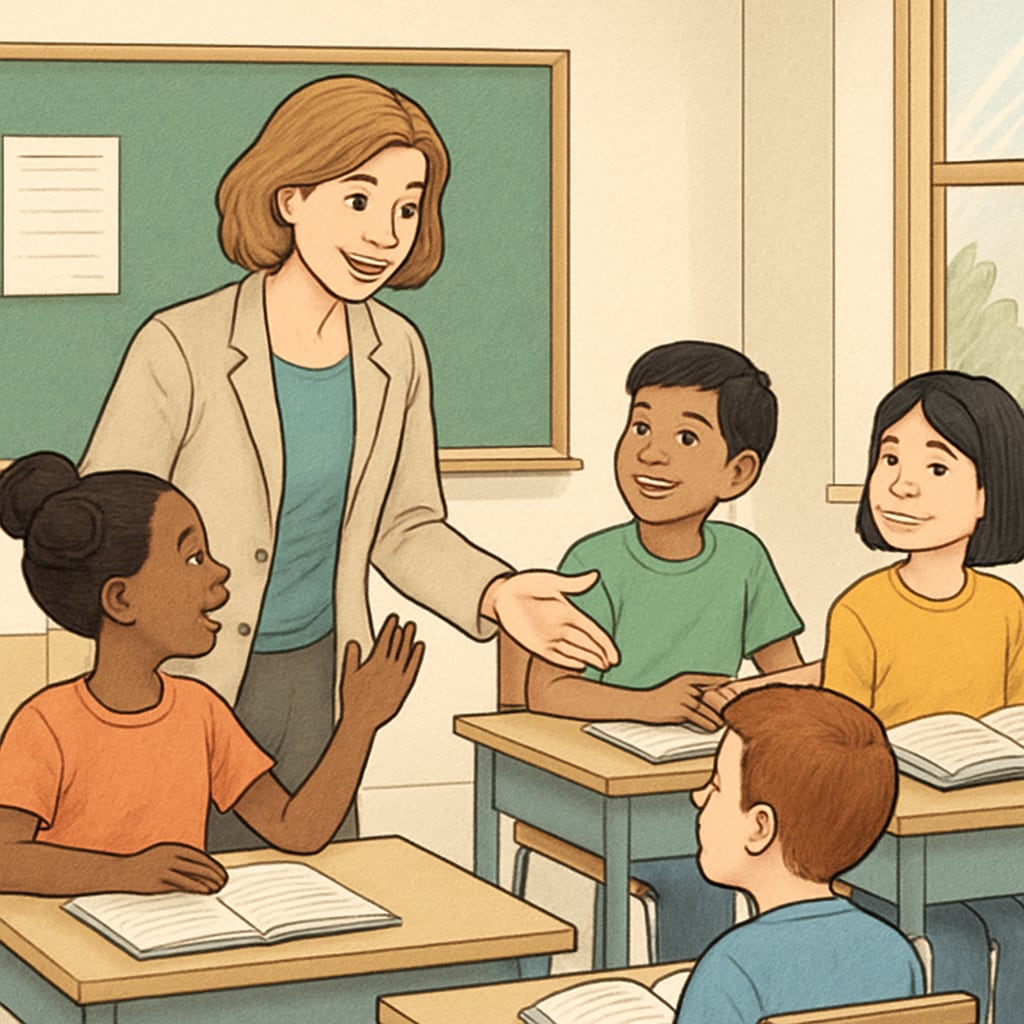 A teacher engaging with students of varying skill levels, fostering an inclusive learning environment. A teacher interacting with students of different abilities in an inclusive classroom.