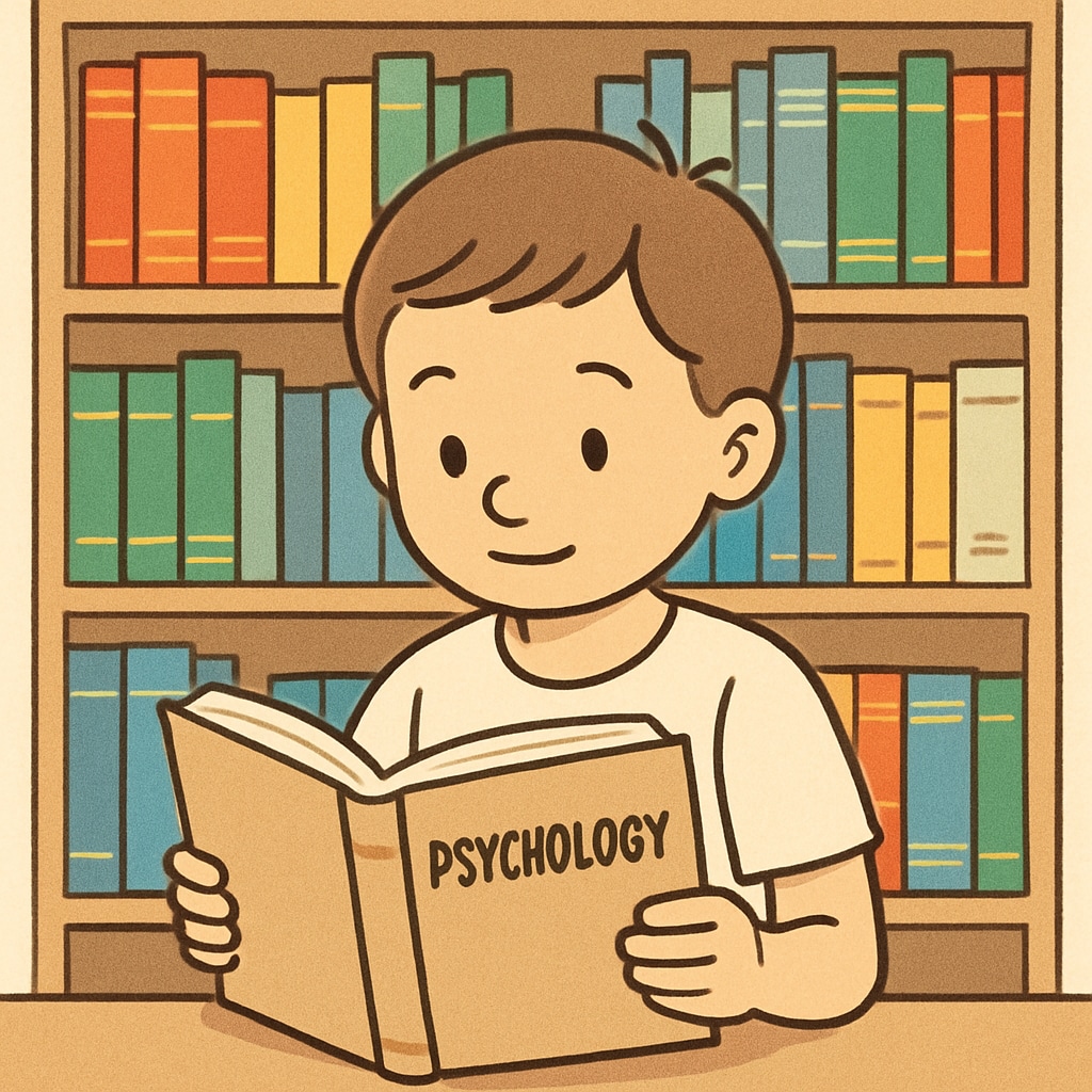 A child reading a psychology book at home, with a colorful bookshelf visible in the background. Child reading a psychology book at home with a bookshelf.