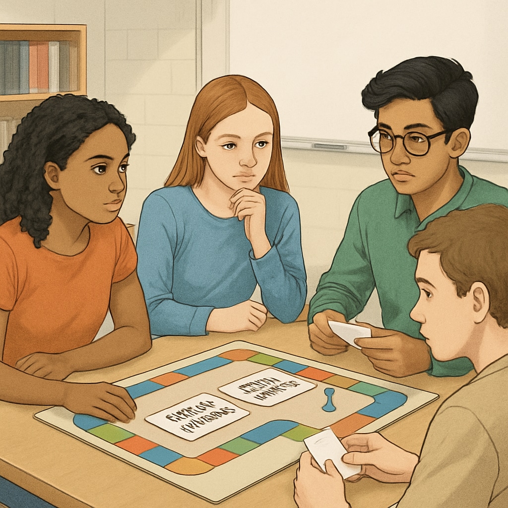 An image showing a group of diverse students playing a board game that involves ethical dilemmas, with a focus on their engaged expressions. Students playing ethical dilemma-based games to learn psychology and philosophy concepts.