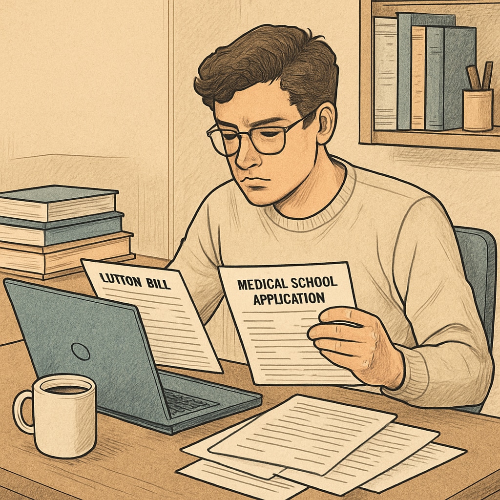 A student facing tuition challenges while applying for medical school, reviewing bills and applications.