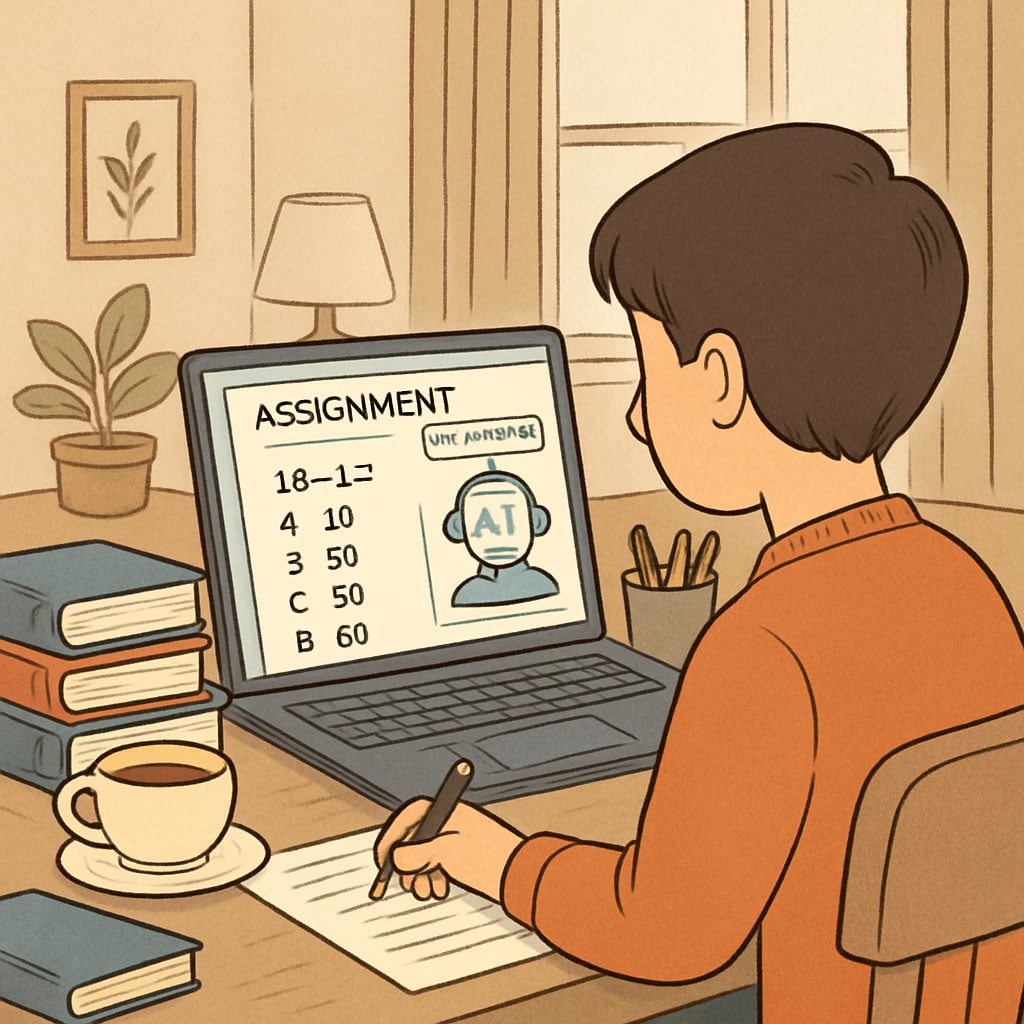 A student uses an AI-powered learning platform at home to complete a personalized assignment. A student interacting with an AI-powered learning platform, highlighting personalized education.