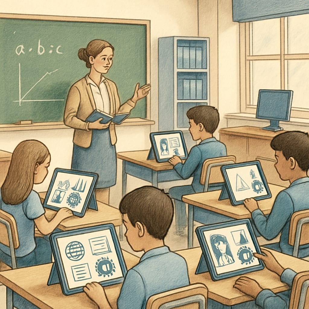 Students in a classroom using AI-powered tablets for tailored learning experiences.
