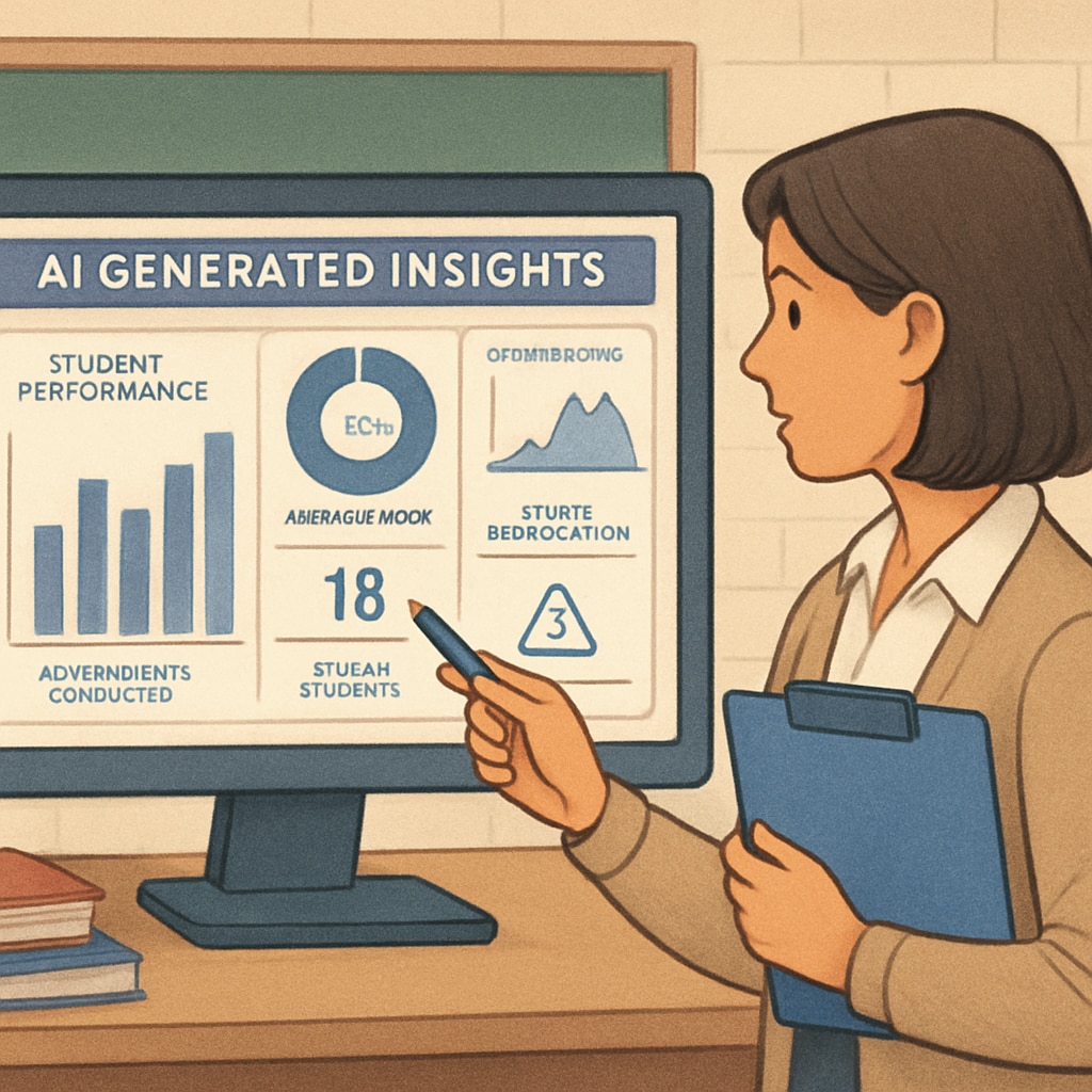 An educator reviews AI-generated insights on student performance through a digital dashboard. An educator analyzing AI-driven insights on student performance, showcasing innovative assessments.