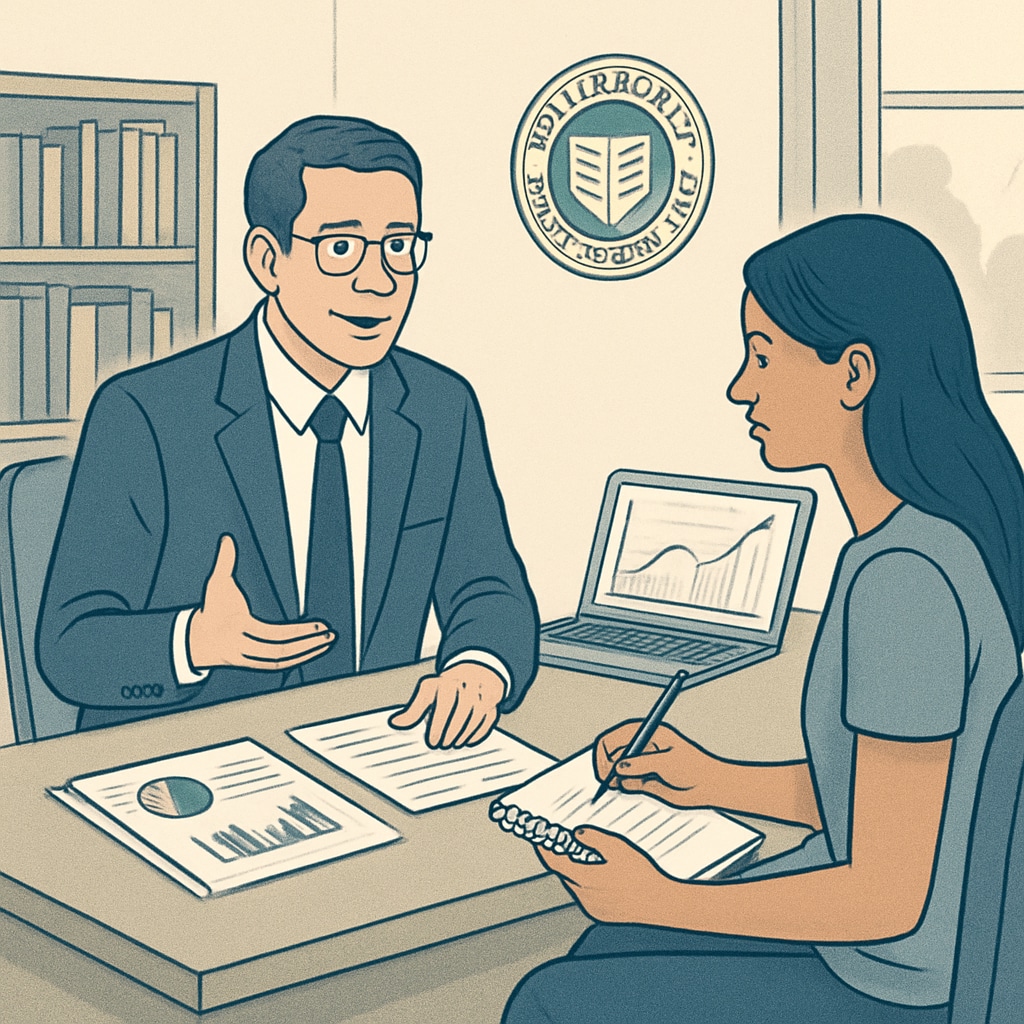 A university financial counselor helping a student address tuition challenges in the final semester.