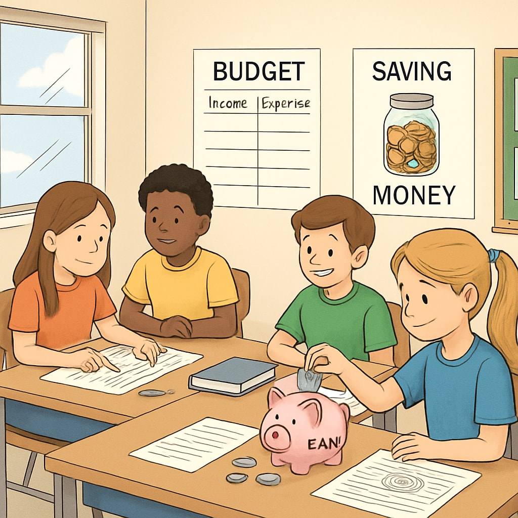 A classroom setting where students are learning financial literacy concepts through interactive activities. Students engaged in a financial literacy lesson in a classroom.