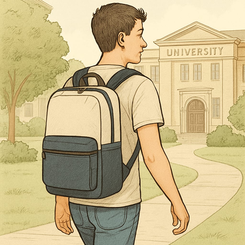 A student carrying a stylish yet practical backpack while walking through a university campus. A university student with a practical backpack.