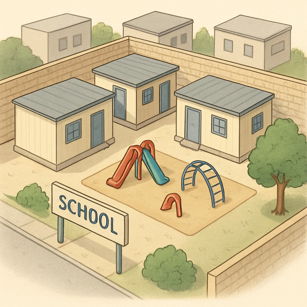 Temporary school campus with reduced space affecting elementary students' activities.