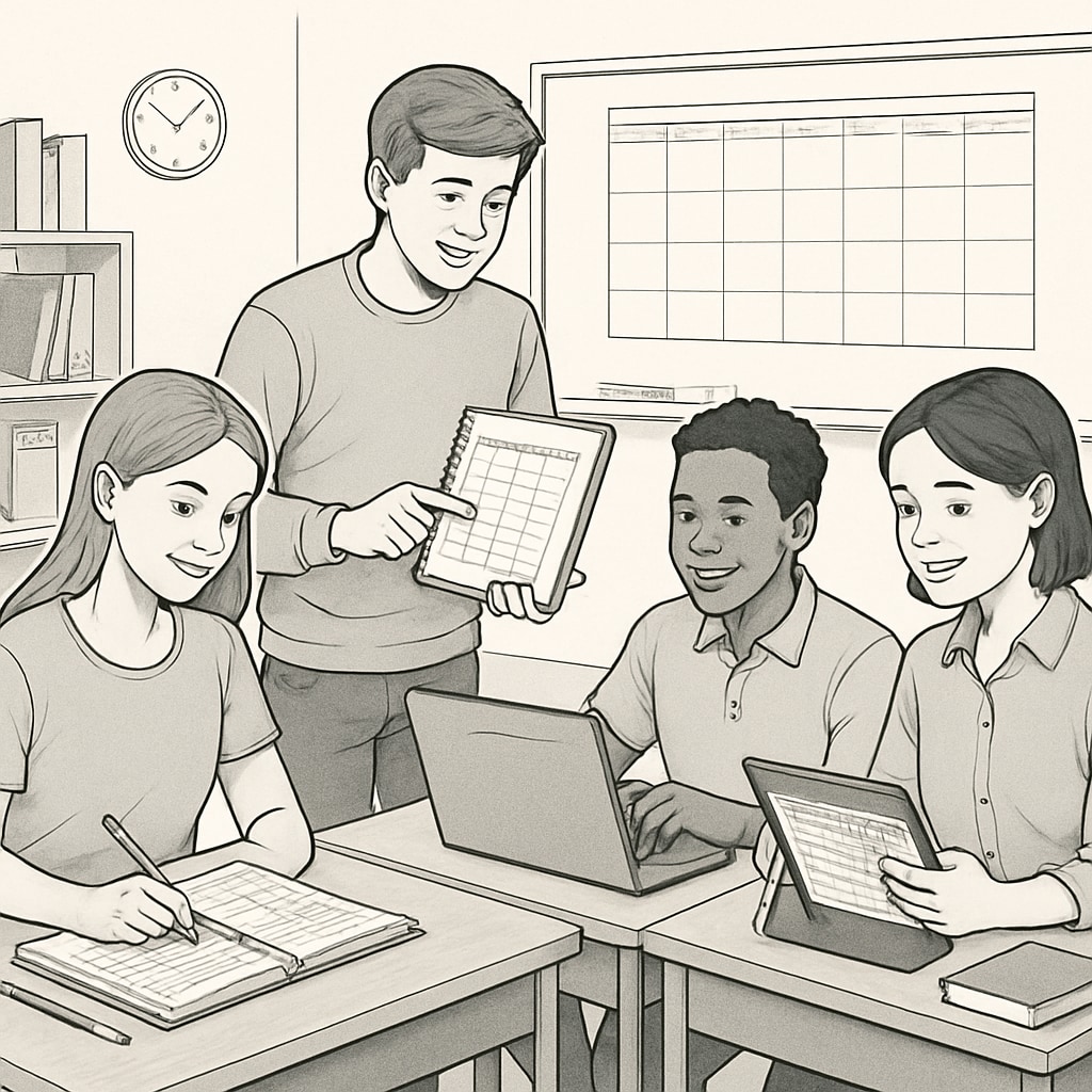 An image depicting students using planners or digital tools to organize their schedules effectively. Students organizing their schedules using planners and digital tools.