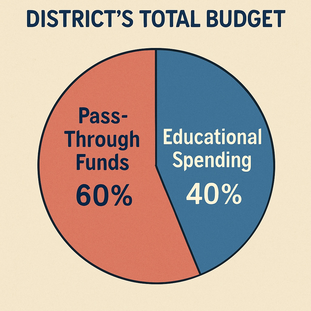 Pie chart showing the percentage of pass-through funds versus educational spending in a school budget.