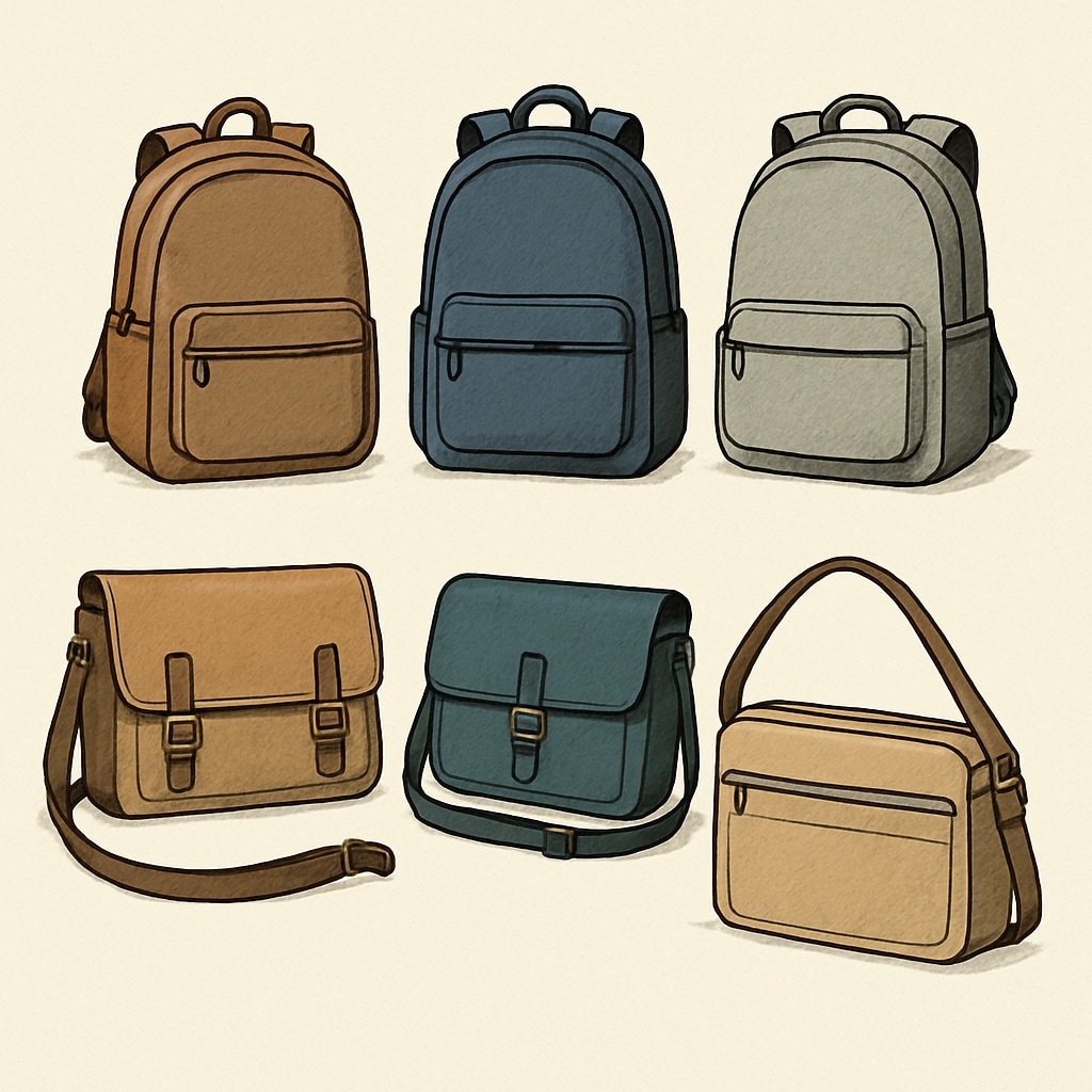 Affordable and durable university bags on display, including backpacks and shoulder bags. Affordable university bags on display.